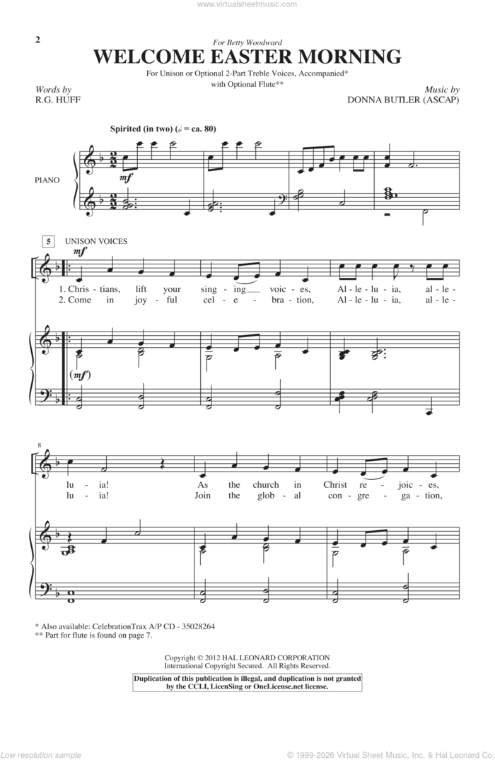 Welcome Easter Morning sheet music for choir (2-Part) by Donna Butler and R.G. Huff, intermediate duet
