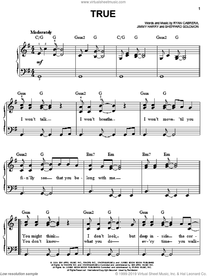 True sheet music for piano solo by Ryan Cabrera, Jimmy Harry and Sheppard Solomon, easy skill level