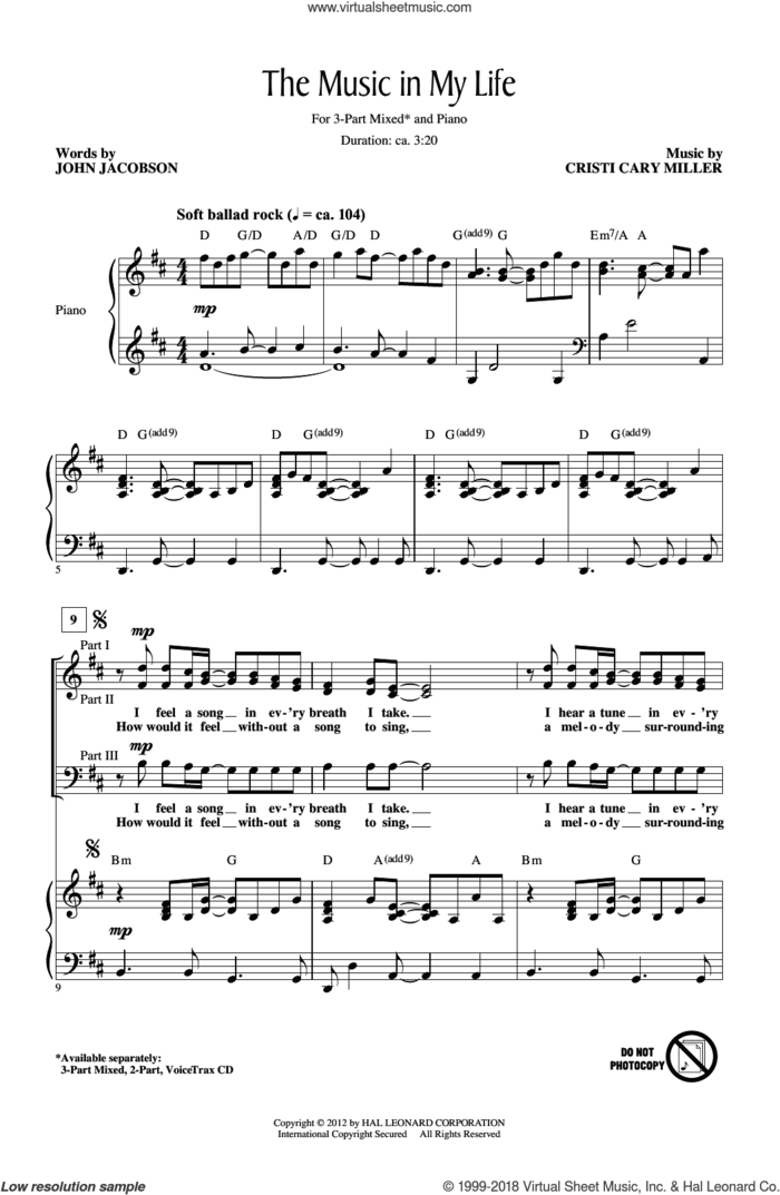 The Music In My Life sheet music for choir (3-Part Mixed) by Cristi Cary Miller and John Jacobson, intermediate skill level