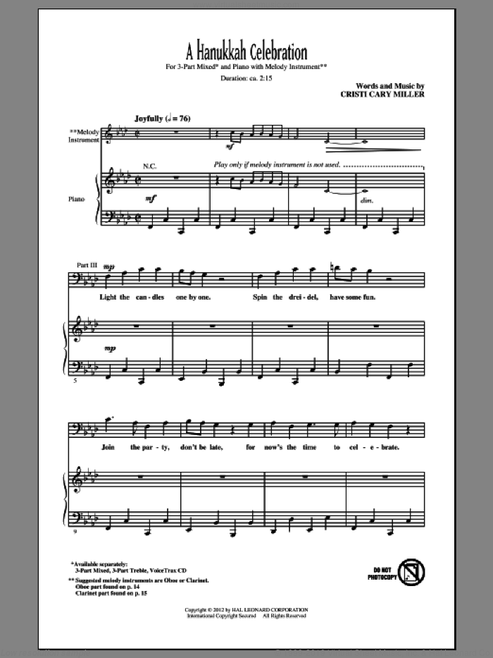 A Hanukkah Celebration sheet music for choir (3-Part Mixed) by Cristi Cary Miller, intermediate skill level