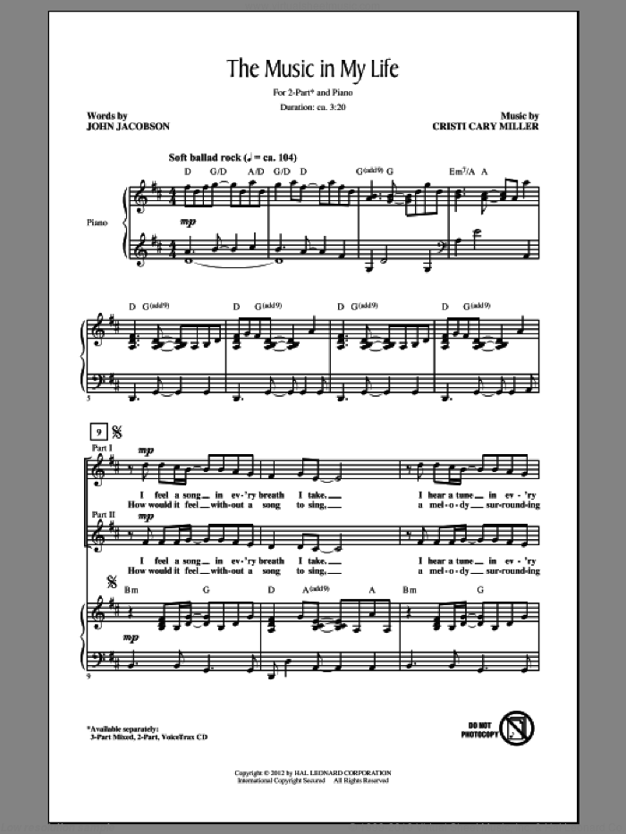 The Music In My Life sheet music for choir (2-Part) by Cristi Cary Miller and John Jacobson, intermediate duet