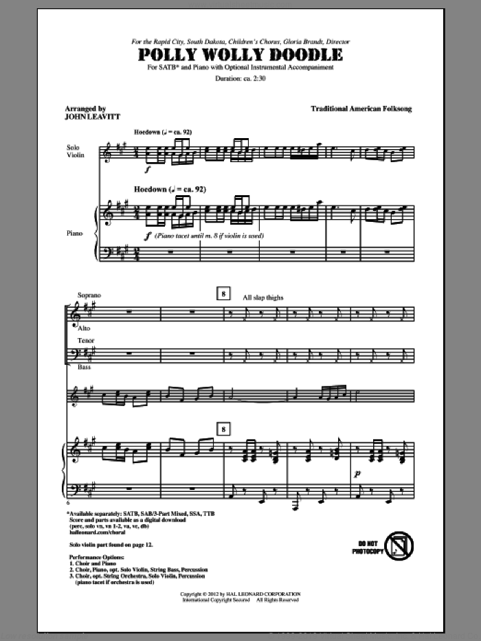 Polly Wolly Doodle sheet music for choir (SATB: soprano, alto, tenor, bass) by John Leavitt, intermediate skill level