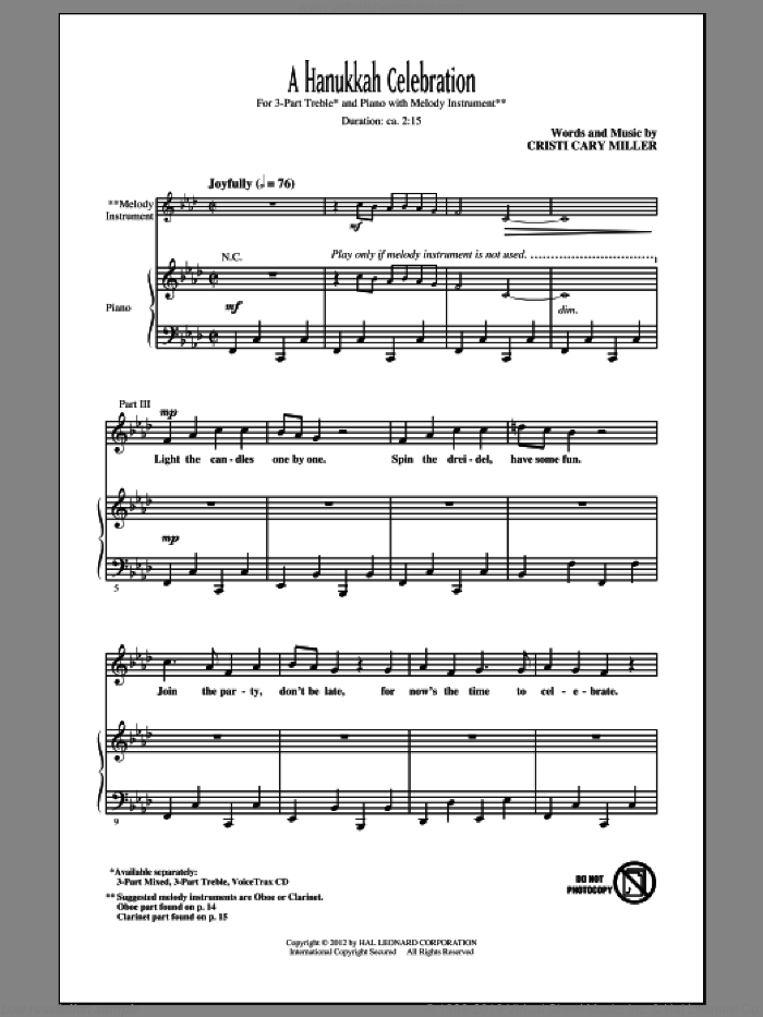 A Hanukkah Celebration sheet music for choir (3-Part Treble) by Cristi Cary Miller, intermediate skill level