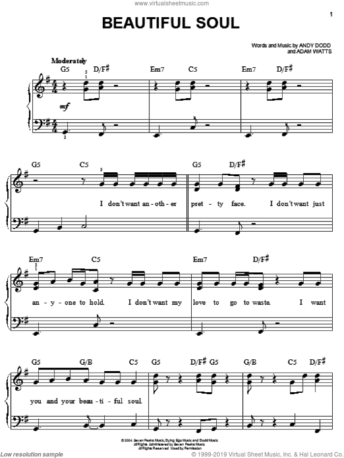 Beautiful Soul sheet music for piano solo by Jesse McCartney, Adam Watts and Andy Dodd, easy skill level