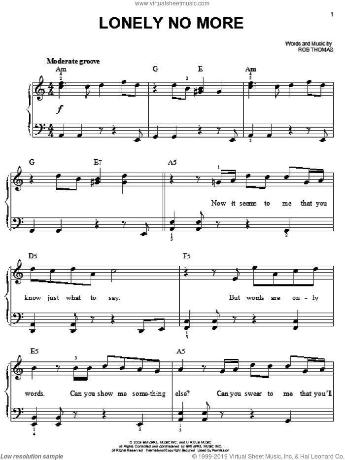Lonely No More sheet music for piano solo by Rob Thomas, easy skill level