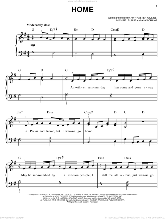 Home, (easy) sheet music for piano solo by Michael Buble, Alan Chang and Amy Foster-Gillies, easy skill level