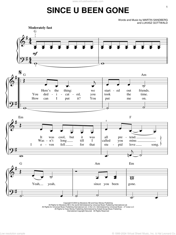 Since U Been Gone sheet music for piano solo by Kelly Clarkson, Lukasz Gottwald and Martin Sandberg, easy skill level