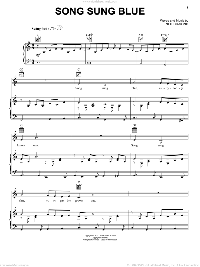 Song Sung Blue sheet music for voice, piano or guitar by Neil Diamond, intermediate skill level