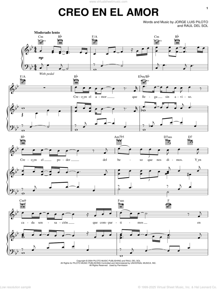 Creo En El Amor sheet music for voice, piano or guitar by Rey Ruiz, Jorge Luis Piloto and Raul del Sol, intermediate skill level