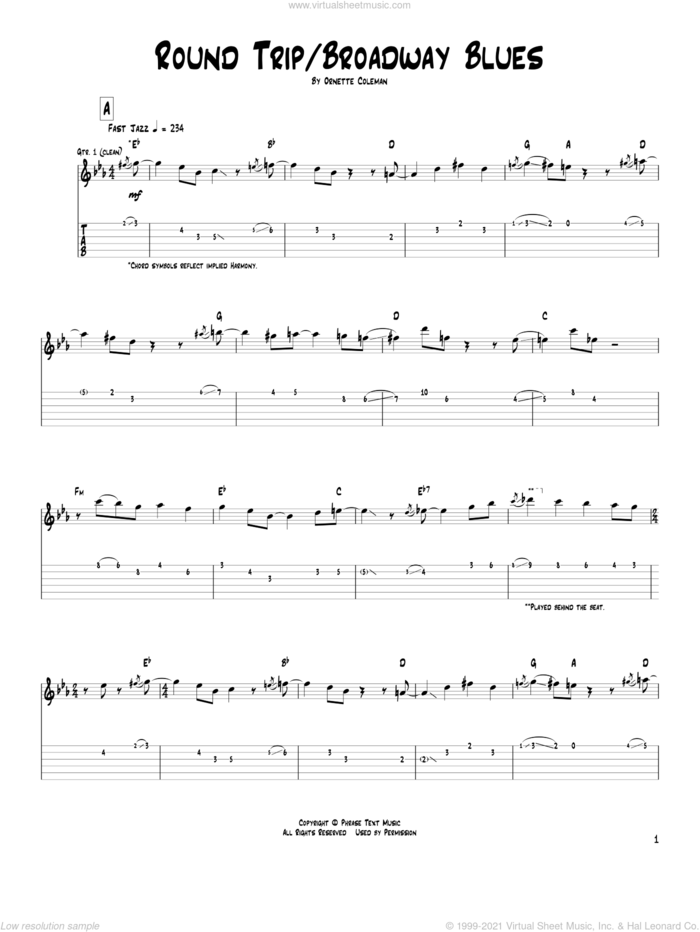 Round Trip / Broadway Blues sheet music for guitar (tablature) by Pat Metheny and Ornette Coleman, intermediate skill level