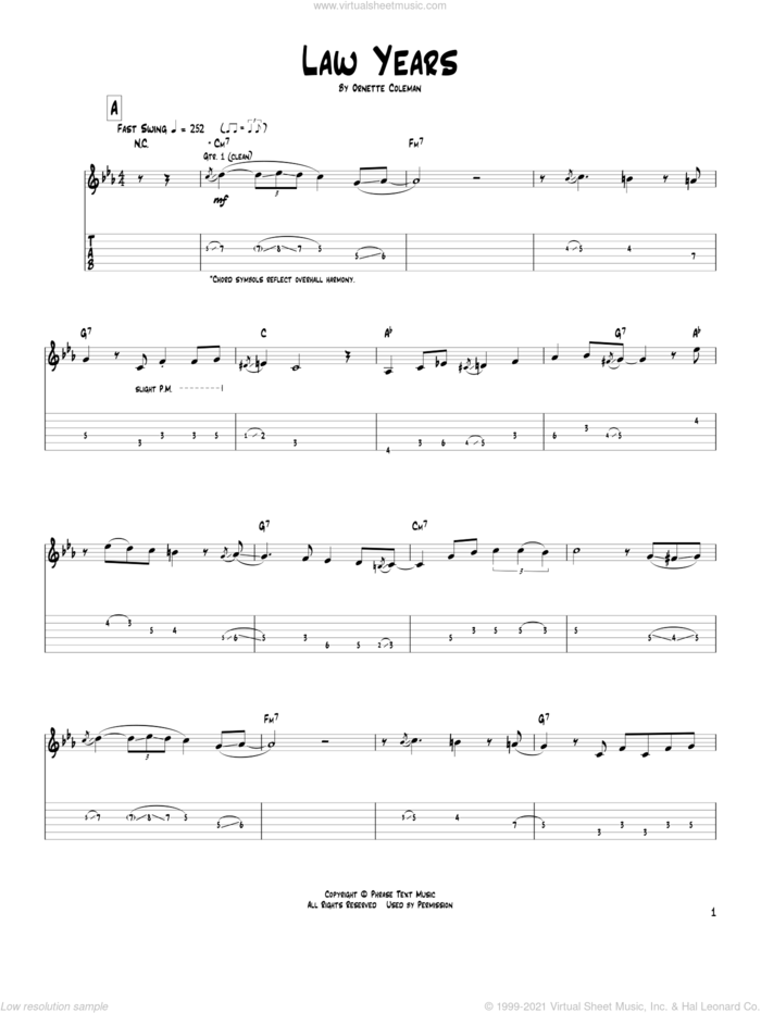 Law Years sheet music for guitar (tablature) by Pat Metheny and Ornette Coleman, intermediate skill level