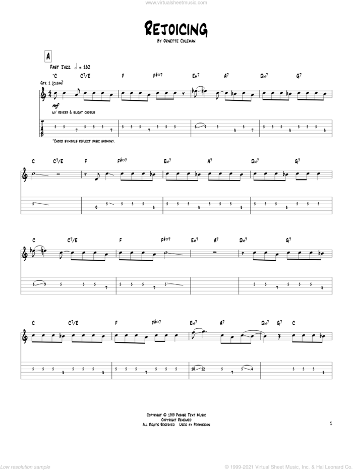 Rejoicing sheet music for guitar (tablature) by Pat Metheny and Ornette Coleman, intermediate skill level