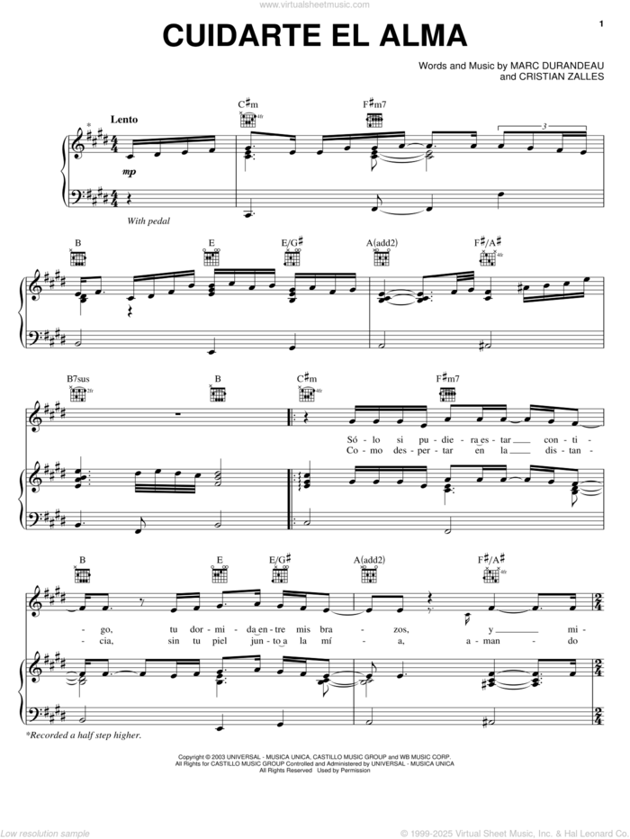 Cuidarte El Alma sheet music for voice, piano or guitar by Chayanne, Cristian Zalles and Marc Durandeau, intermediate skill level