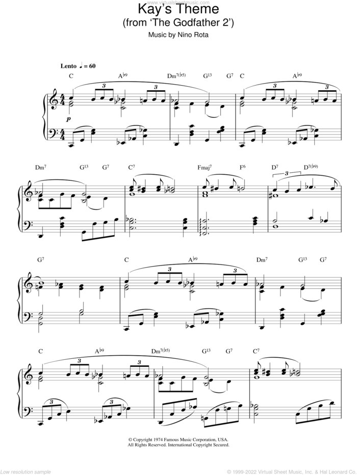 Kay's Theme (from The Godfather 2) sheet music for piano solo by Nino Rota, intermediate skill level