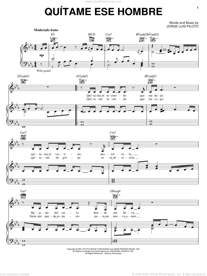 Quitame Ese Hombre sheet music for voice, piano or guitar by Pilar Montenegro and Jorge Luis Piloto, intermediate skill level