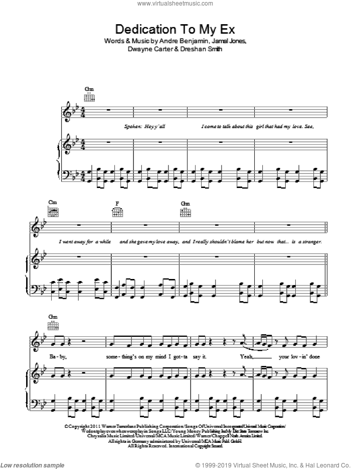 Dedication To My Ex (Miss That) sheet music for voice, piano or guitar by Lloyd, Andre Benjamin, Andre Benjamin, Dreshan Smith, Dwayne Carter and Jamal Jones, intermediate skill level