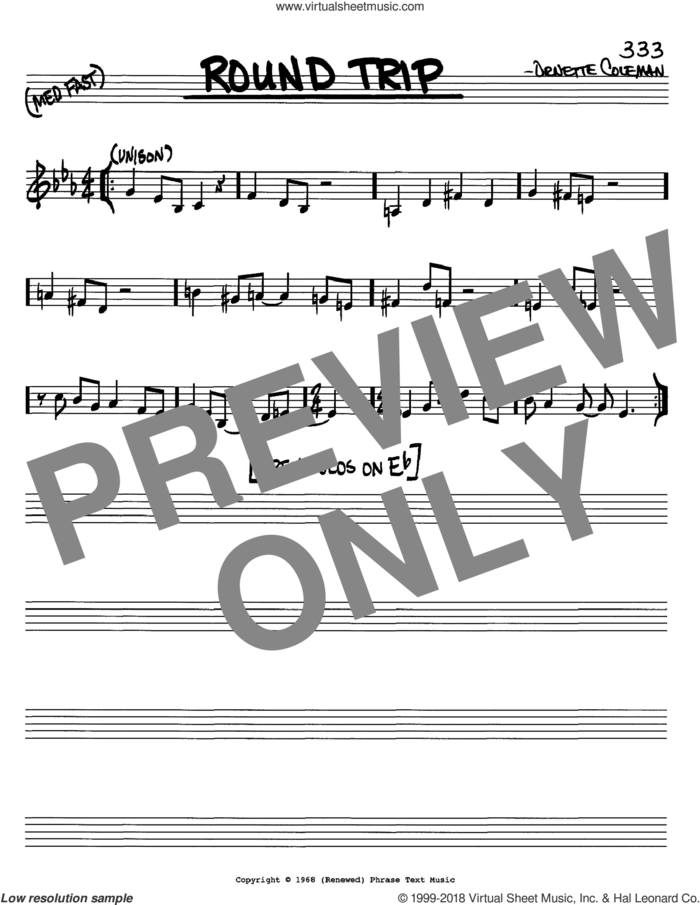 Round Trip sheet music for voice and other instruments (in C) by Ornette Coleman, intermediate skill level