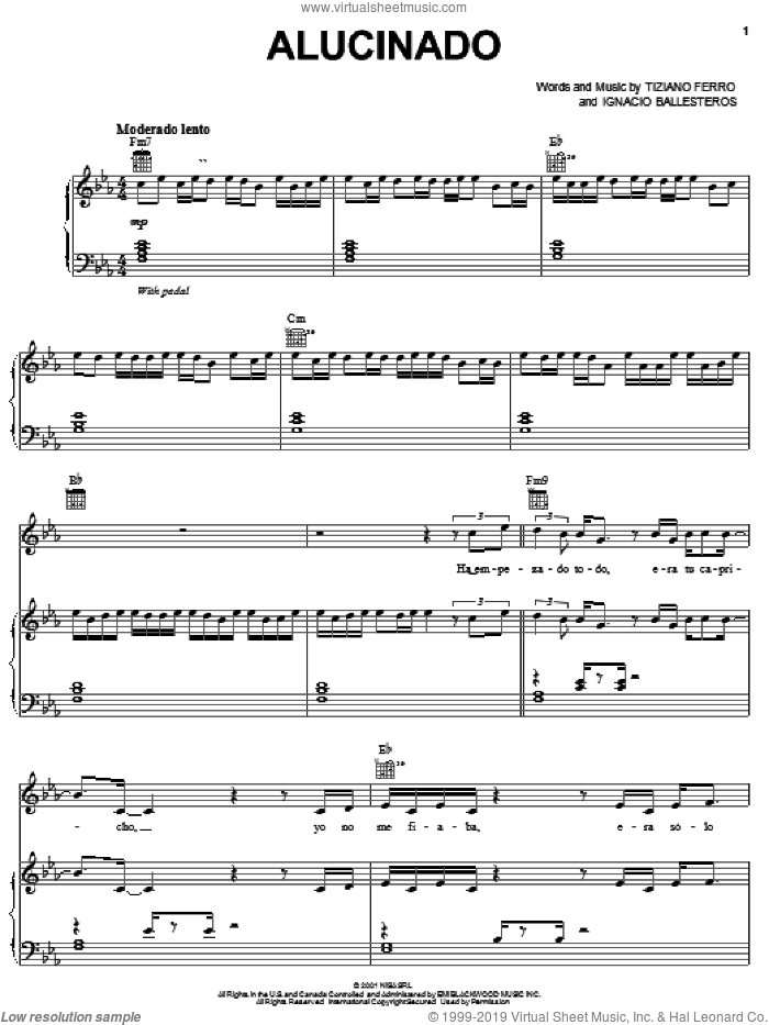 Alucinado sheet music for voice, piano or guitar by Tiziano Ferro and Ignacio Ballesteros, intermediate skill level