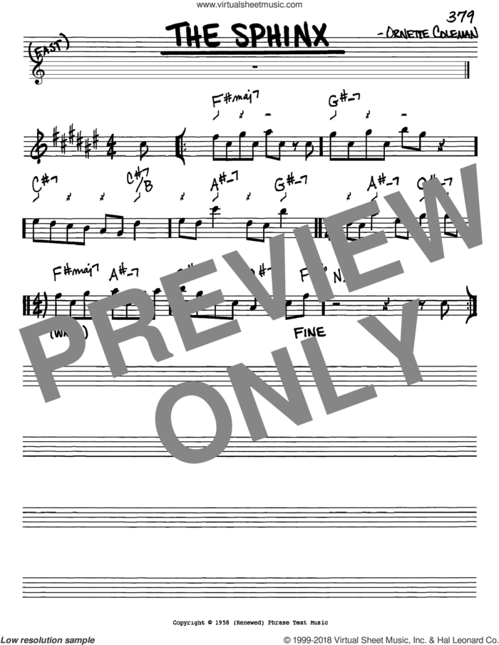 The Sphinx sheet music for voice and other instruments (in Eb) by Ornette Coleman, intermediate skill level