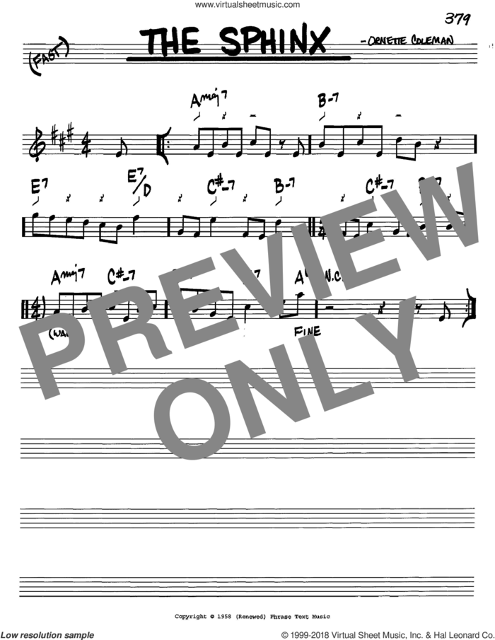 The Sphinx sheet music for voice and other instruments (in C) by Ornette Coleman, intermediate skill level