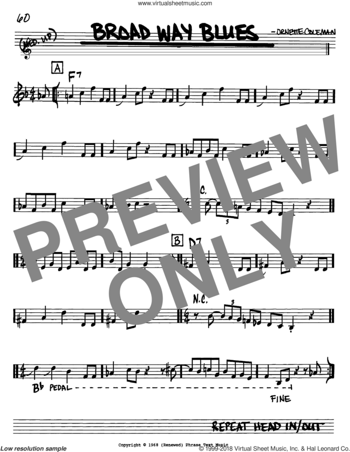 Broad Way Blues sheet music for voice and other instruments (in Bb) by Ornette Coleman, intermediate skill level
