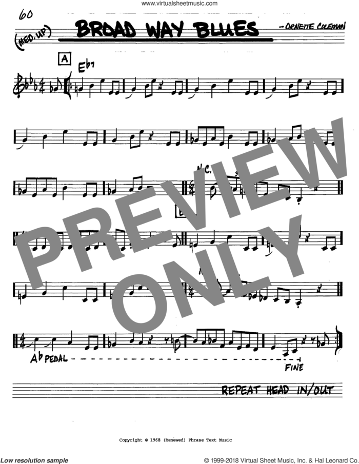 Broad Way Blues sheet music for voice and other instruments (in C) by Ornette Coleman, intermediate skill level