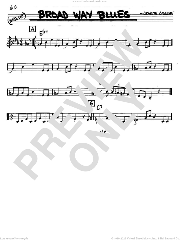 Broad Way Blues sheet music for voice and other instruments (in C) by Ornette Coleman, intermediate skill level