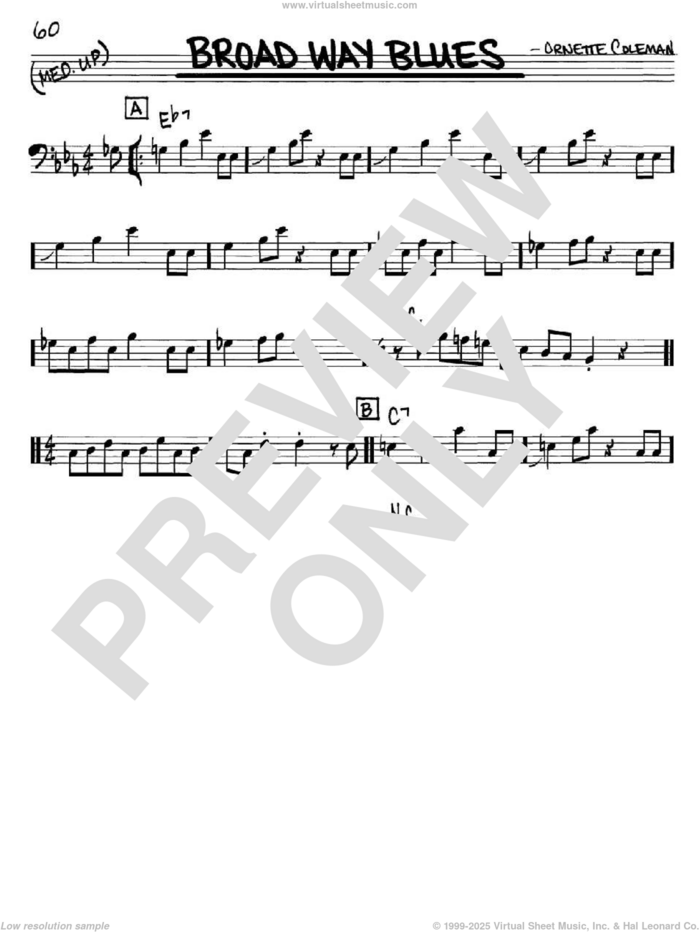 Broad Way Blues sheet music for voice and other instruments (bass clef) by Ornette Coleman, intermediate skill level