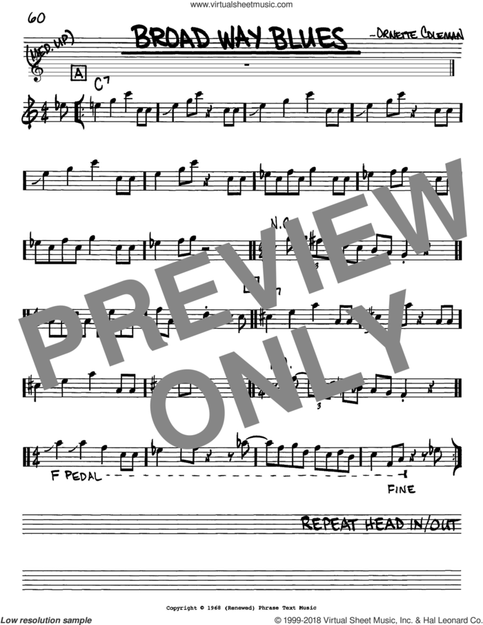 Broad Way Blues sheet music for voice and other instruments (in Eb) by Ornette Coleman, intermediate skill level