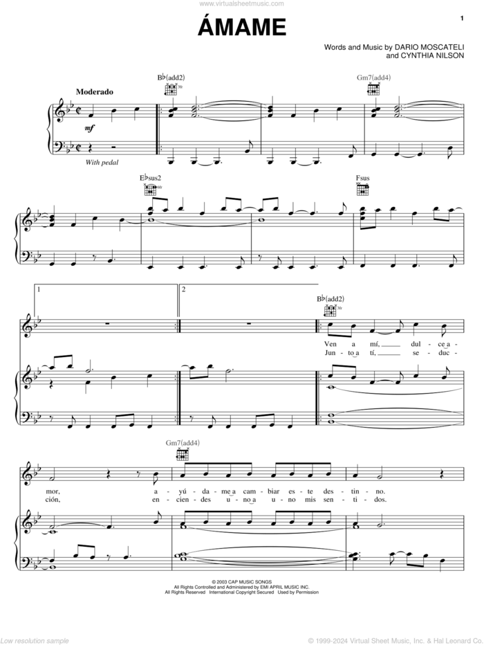 Amame sheet music for voice, piano or guitar by Cynthia Nilson and Dario Moscateli, intermediate skill level