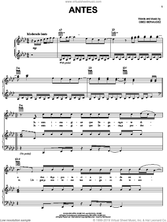 Antes sheet music for voice, piano or guitar by Obie Bermudez and Obed Bermudez, intermediate skill level
