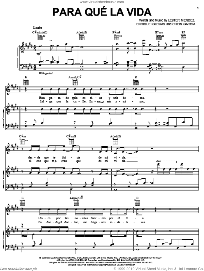 Para Que La Vida sheet music for voice, piano or guitar by Enrique Iglesias, Chein Garcia and Lester Mendez, intermediate skill level