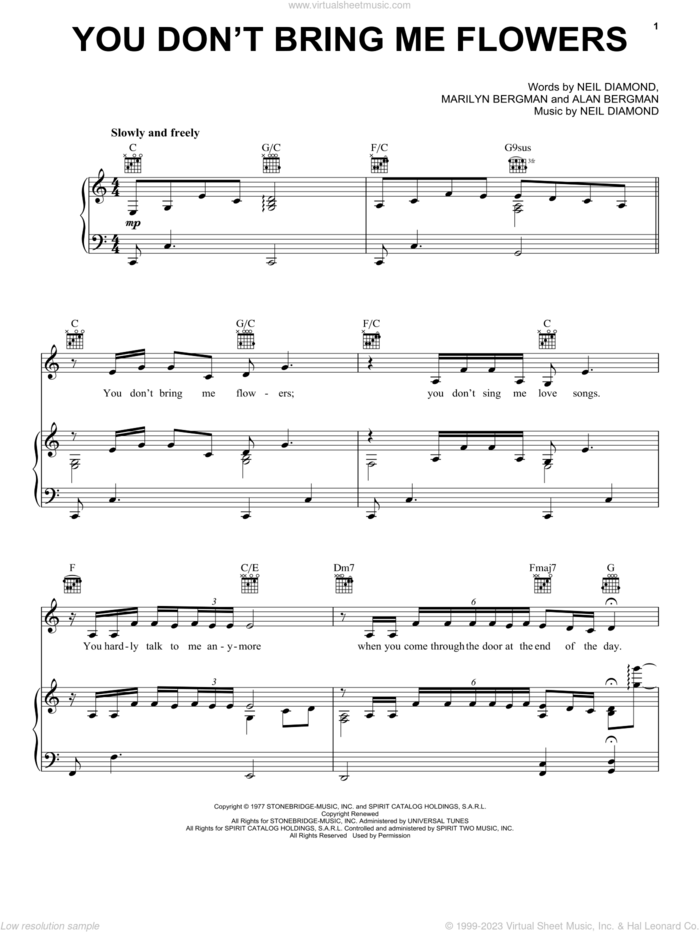 You Don't Bring Me Flowers sheet music for voice, piano or guitar by Neil Diamond & Barbra Streisand, Barbra Streisand, Alan Bergman, Marilyn Bergman and Neil Diamond, intermediate skill level