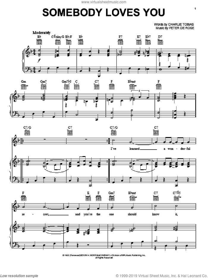 Somebody Loves You sheet music for voice, piano or guitar by Dean Martin, Ernest Tubb, Charles Tobias and Peter DeRose, intermediate skill level