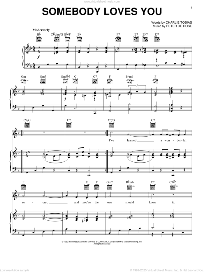 Somebody Loves You sheet music for voice, piano or guitar by Dean Martin, Ernest Tubb, Charles Tobias and Peter DeRose, intermediate skill level