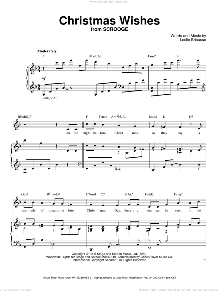 Christmas Wishes sheet music for voice, piano or guitar by Leslie Bricusse, intermediate skill level