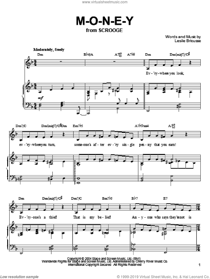 M-O-N-E-Y sheet music for voice, piano or guitar by Leslie Bricusse, intermediate skill level
