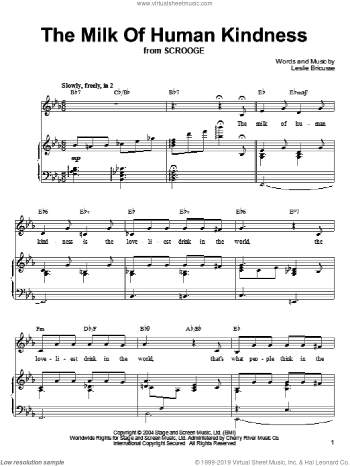 The Milk Of Human Kindness sheet music for voice, piano or guitar by Leslie Bricusse, intermediate skill level
