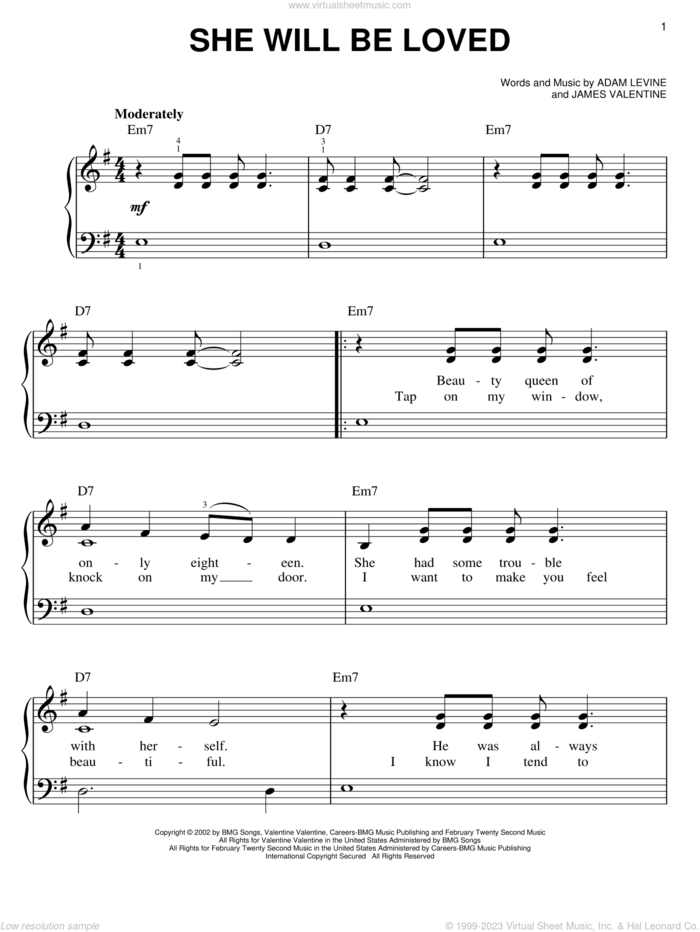 She Will Be Loved, (easy) sheet music for piano solo by Maroon 5, Adam Levine and James Valentine, easy skill level