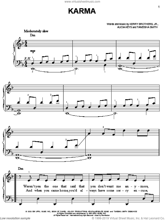 Karma sheet music for piano solo by Alicia Keys, Kerry Brothers and Taneisha Smith, easy skill level