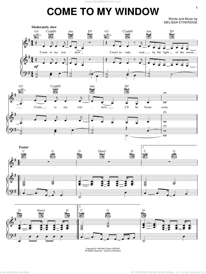 Come To My Window sheet music for voice, piano or guitar by Melissa Etheridge, intermediate skill level