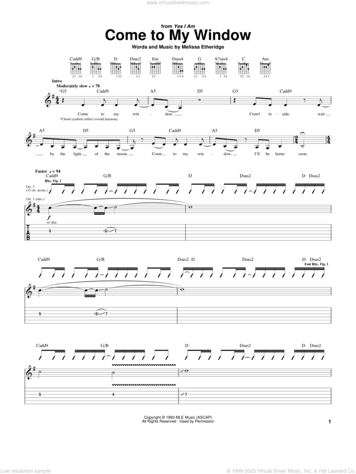 Come To My Window sheet music for guitar (tablature) by Melissa Etheridge, intermediate skill level