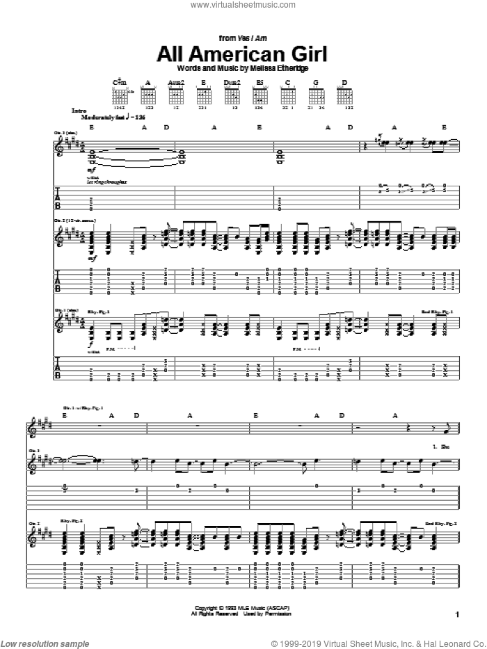All American Girl sheet music for guitar (tablature) by Melissa Etheridge, intermediate skill level