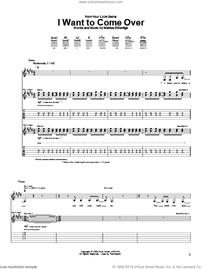 I Want To Come Over sheet music for guitar (tablature) by Melissa Etheridge, intermediate skill level