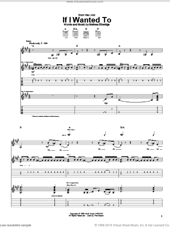 If I Wanted To sheet music for guitar (tablature) by Melissa Etheridge, intermediate skill level