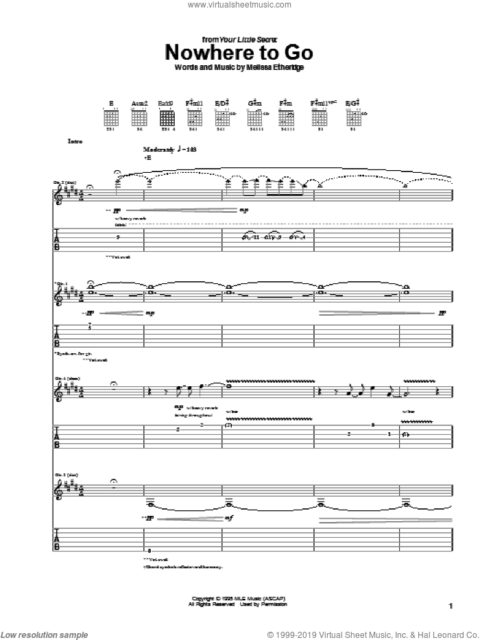 Nowhere To Go sheet music for guitar (tablature) by Melissa Etheridge, intermediate skill level