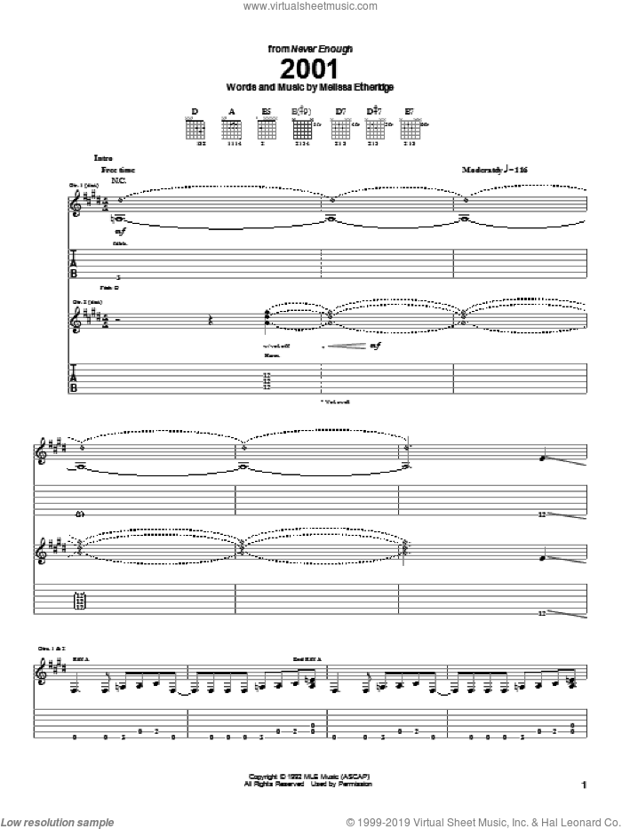 2001 sheet music for guitar (tablature) by Melissa Etheridge, intermediate skill level