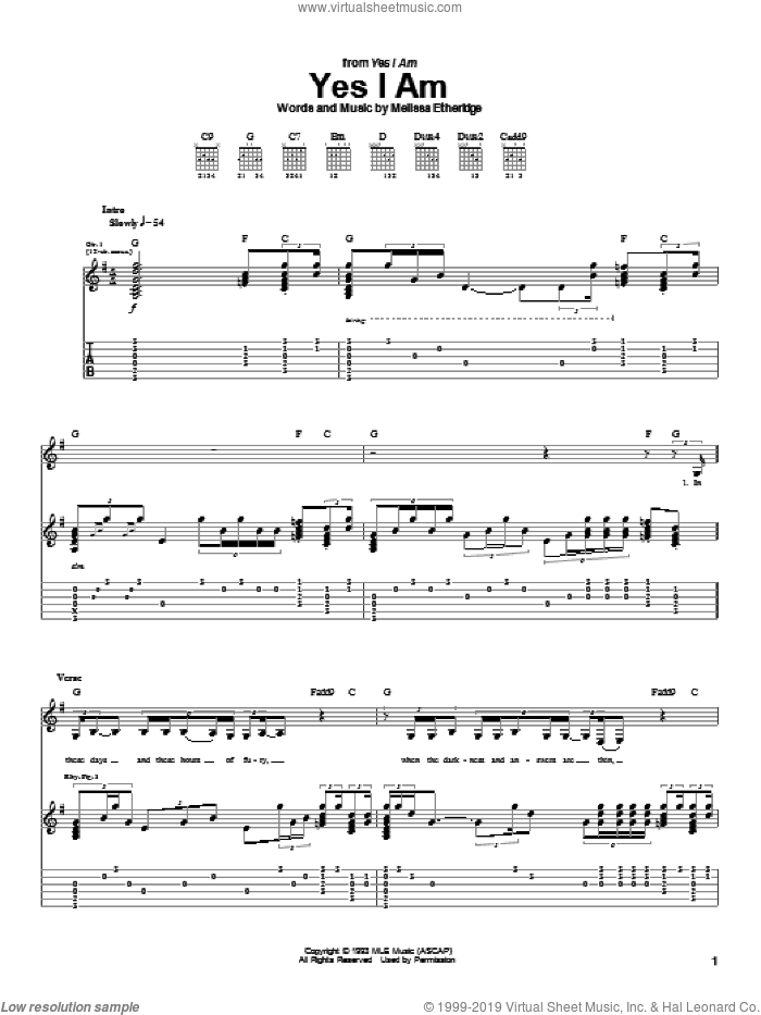 Yes I Am sheet music for guitar (tablature) by Melissa Etheridge, intermediate skill level