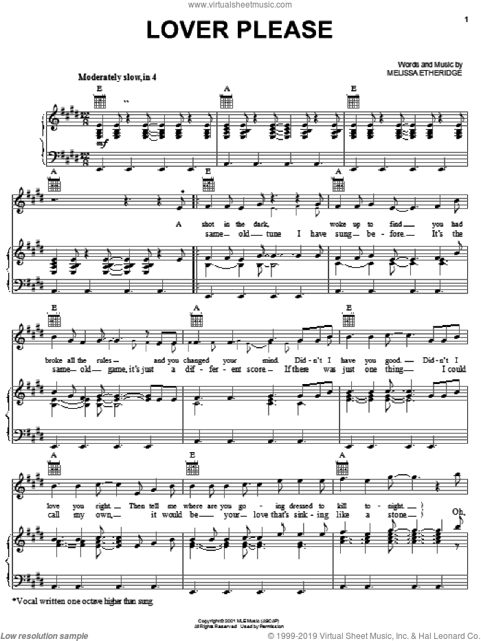 Lover Please sheet music for voice, piano or guitar by Melissa Etheridge, intermediate skill level