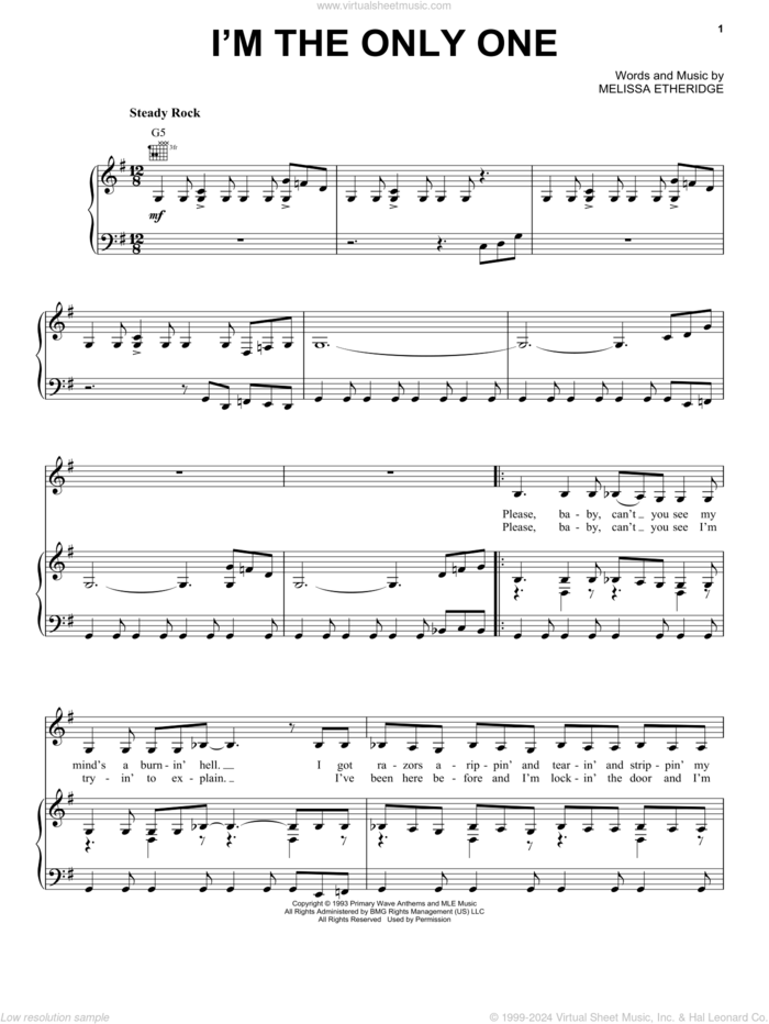 I'm The Only One sheet music for voice, piano or guitar by Melissa Etheridge, intermediate skill level